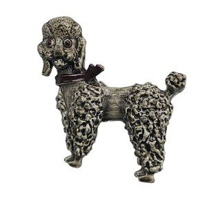 Vintage Silver Tone Poodle Dog Brooch Pin With Red Enamel Collar